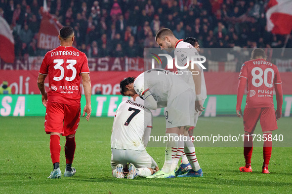 Alvaro Morata and Theo Hernandez participate in the AC Monza vs AC Milan Serie A match at U-Power Stadium in Monza, Italy, on November 2, 20...