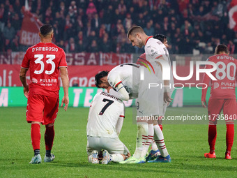 Alvaro Morata and Theo Hernandez participate in the AC Monza vs AC Milan Serie A match at U-Power Stadium in Monza, Italy, on November 2, 20...