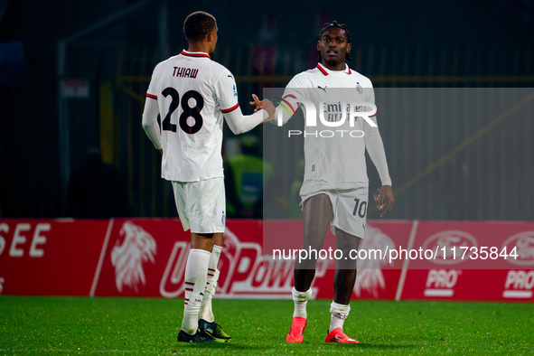 Rafael Leao and Malick Thiaw celebrate during the AC Monza vs AC Milan Serie A match at U-Power Stadium in Monza, Italy, on November 2, 2024...