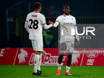 Rafael Leao and Malick Thiaw celebrate during the AC Monza vs AC Milan Serie A match at U-Power Stadium in Monza, Italy, on November 2, 2024...