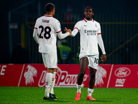 Rafael Leao and Malick Thiaw celebrate during the AC Monza vs AC Milan Serie A match at U-Power Stadium in Monza, Italy, on November 2, 2024...