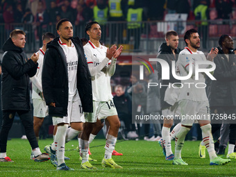 The team of AC Milan celebrates their win during the match between AC Monza and AC Milan in Serie A at U-Power Stadium in Monza, Italy, on N...