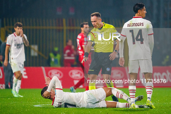 Ermanno Feliciani serves as the referee during the AC Monza vs AC Milan Serie A match at U-Power Stadium in Monza, Italy, on November 2, 202...