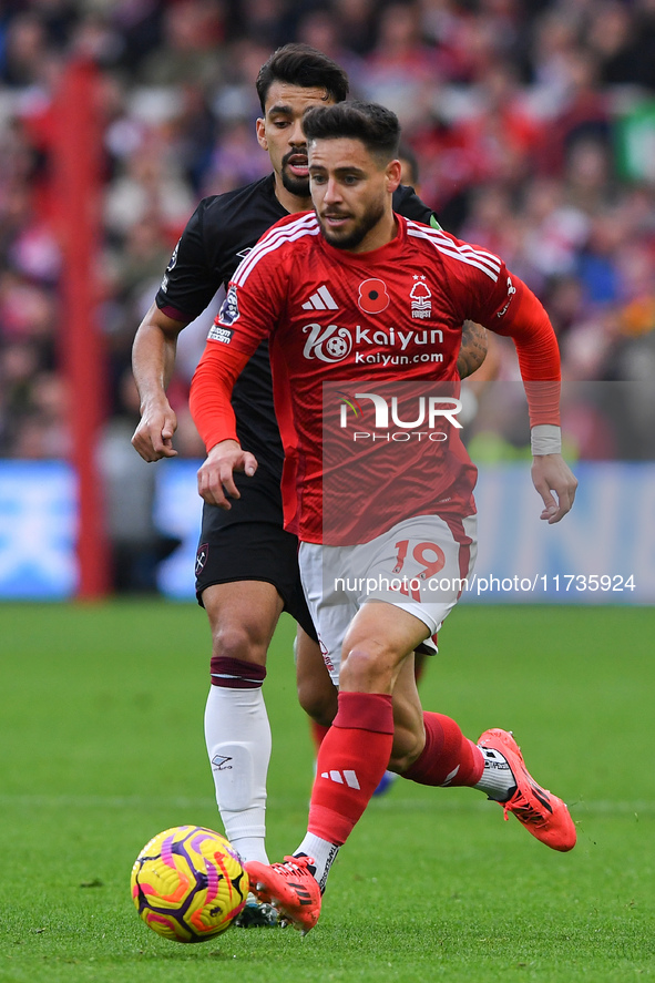 Alex Moreno of Nottingham Forest is in action during the Premier League match between Nottingham Forest and West Ham United at the City Grou...