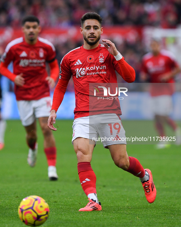 Alex Moreno of Nottingham Forest is in action during the Premier League match between Nottingham Forest and West Ham United at the City Grou...