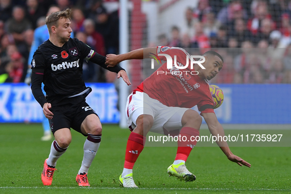 Murillo of Nottingham Forest battles with Jarrod Bowen of West Ham United during the Premier League match between Nottingham Forest and West...