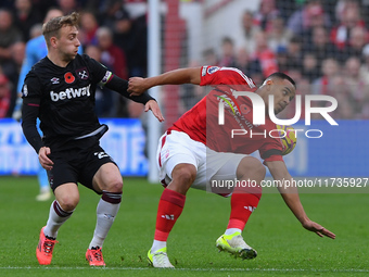 Murillo of Nottingham Forest battles with Jarrod Bowen of West Ham United during the Premier League match between Nottingham Forest and West...