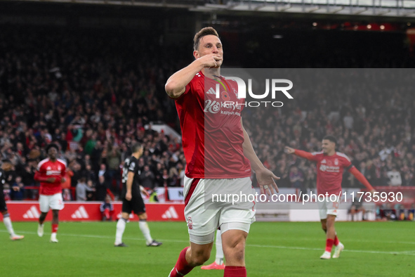 Chris Wood of Nottingham Forest celebrates after scoring a goal to make it 1-0 during the Premier League match between Nottingham Forest and...