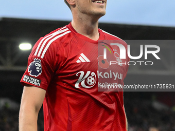 Chris Wood of Nottingham Forest celebrates after scoring a goal to make it 1-0 during the Premier League match between Nottingham Forest and...