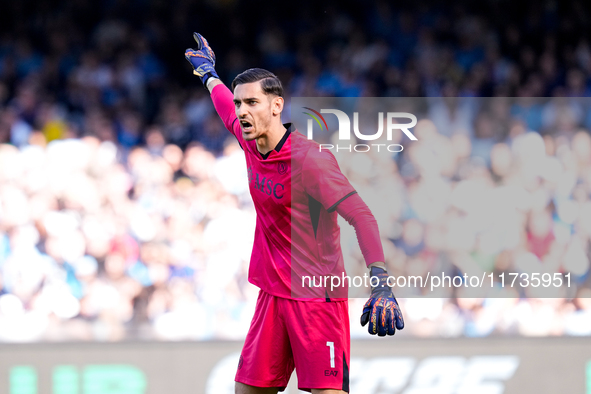 Alex Meret of SSC Napoli gestures during the serie Serie A Enilive match between SSC Napoli and Atalanta BC at Stadio Diego Armando Maradona...