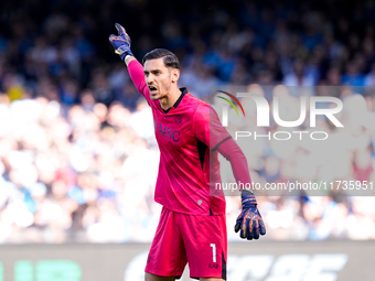 Alex Meret of SSC Napoli gestures during the serie Serie A Enilive match between SSC Napoli and Atalanta BC at Stadio Diego Armando Maradona...