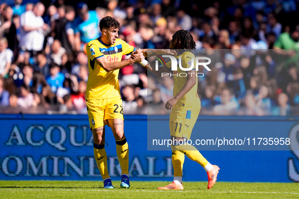 Ademola Lookman of Atalanta BC celebrates after scoring first goal during the serie Serie A Enilive match between SSC Napoli and Atalanta BC...