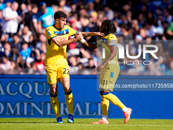 Ademola Lookman of Atalanta BC celebrates after scoring first goal during the serie Serie A Enilive match between SSC Napoli and Atalanta BC...