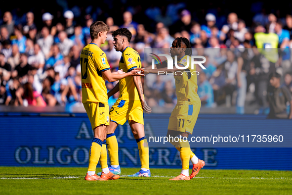 Ademola Lookman of Atalanta BC celebrates after scoring first goal during the serie Serie A Enilive match between SSC Napoli and Atalanta BC...