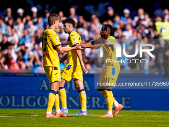 Ademola Lookman of Atalanta BC celebrates after scoring first goal during the serie Serie A Enilive match between SSC Napoli and Atalanta BC...