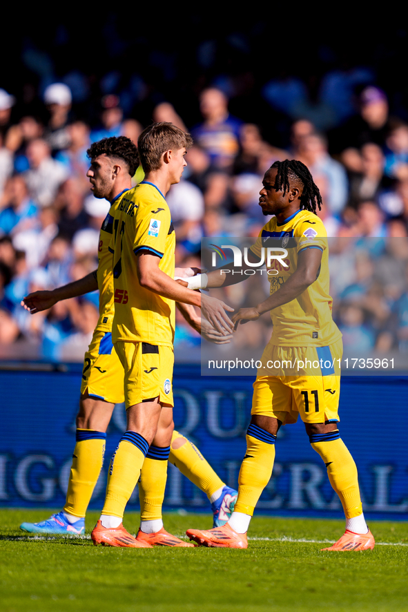 Ademola Lookman of Atalanta BC celebrates after scoring first goal during the serie Serie A Enilive match between SSC Napoli and Atalanta BC...