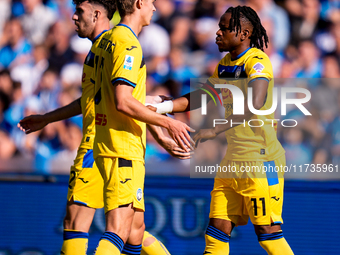 Ademola Lookman of Atalanta BC celebrates after scoring first goal during the serie Serie A Enilive match between SSC Napoli and Atalanta BC...