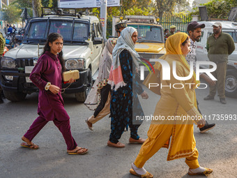 People walk past as security personnel stand near the site of a grenade blast at a marketplace in Srinagar, Jammu and Kashmir, on November 3...