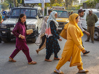 People walk past as security personnel stand near the site of a grenade blast at a marketplace in Srinagar, Jammu and Kashmir, on November 3...