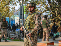 A security personnel stands near the site of a grenade blast at a marketplace in Srinagar, Jammu and Kashmir, on November 3, 2024. At least...