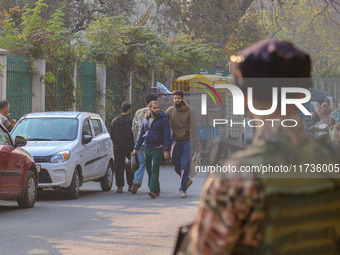 An Indian security personnel stands near the site of a grenade blast at a marketplace in Srinagar, Jammu and Kashmir, on November 3, 2024. A...