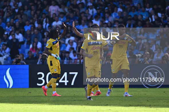 Ademola Lookman of Atalanta B.C. celebrates after scoring the goal of 0-2 during the 11th day of the Serie A Championship between S.S.C. Nap...