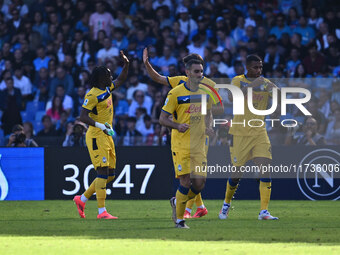 Ademola Lookman of Atalanta B.C. celebrates after scoring the goal of 0-2 during the 11th day of the Serie A Championship between S.S.C. Nap...