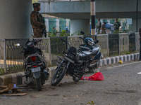 An Indian security personnel stands near the site of a grenade blast at a marketplace in Srinagar, Jammu and Kashmir, on November 3, 2024. A...