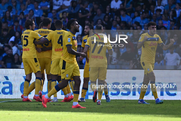 Ademola Lookman of Atalanta B.C. celebrates after scoring the goal of 0-2 during the 11th day of the Serie A Championship between S.S.C. Nap...