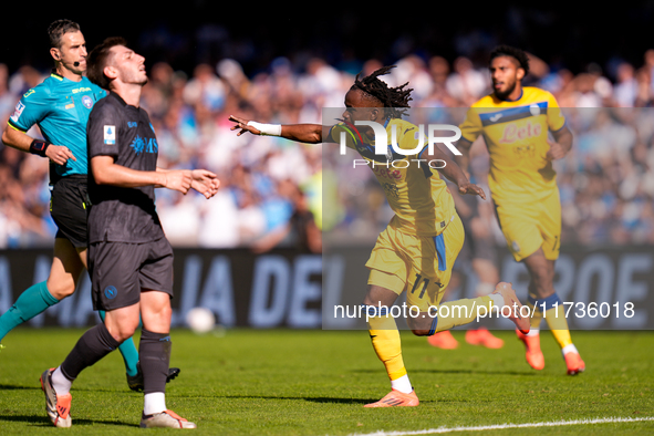 Ademola Lookman of Atalanta BC celebrates after scoring second goal during the serie Serie A Enilive match between SSC Napoli and Atalanta B...