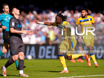 Ademola Lookman of Atalanta BC celebrates after scoring second goal during the serie Serie A Enilive match between SSC Napoli and Atalanta B...