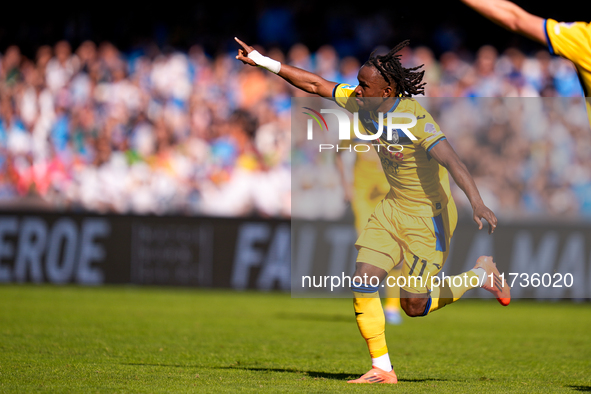 Ademola Lookman of Atalanta BC celebrates after scoring second goal during the serie Serie A Enilive match between SSC Napoli and Atalanta B...