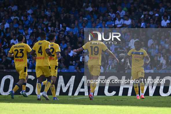 Ademola Lookman of Atalanta B.C. celebrates after scoring the goal of 0-2 during the 11th day of the Serie A Championship between S.S.C. Nap...