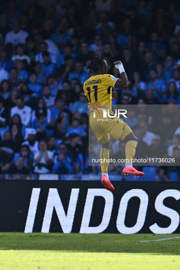 Ademola Lookman of Atalanta B.C. celebrates after scoring the goal of 0-2 during the 11th day of the Serie A Championship between S.S.C. Nap...