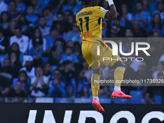 Ademola Lookman of Atalanta B.C. celebrates after scoring the goal of 0-2 during the 11th day of the Serie A Championship between S.S.C. Nap...