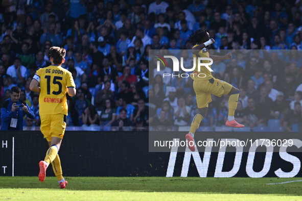 Ademola Lookman of Atalanta B.C. celebrates after scoring the goal of 0-2 during the 11th day of the Serie A Championship between S.S.C. Nap...