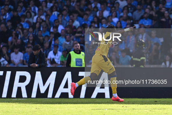 Ademola Lookman of Atalanta B.C. celebrates after scoring the goal of 0-2 during the 11th day of the Serie A Championship between S.S.C. Nap...