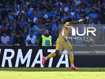 Ademola Lookman of Atalanta B.C. celebrates after scoring the goal of 0-2 during the 11th day of the Serie A Championship between S.S.C. Nap...