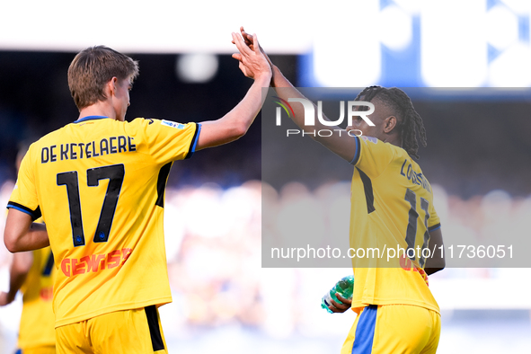 Ademola Lookman of Atalanta BC celebrates after scoring second goal during the serie Serie A Enilive match between SSC Napoli and Atalanta B...