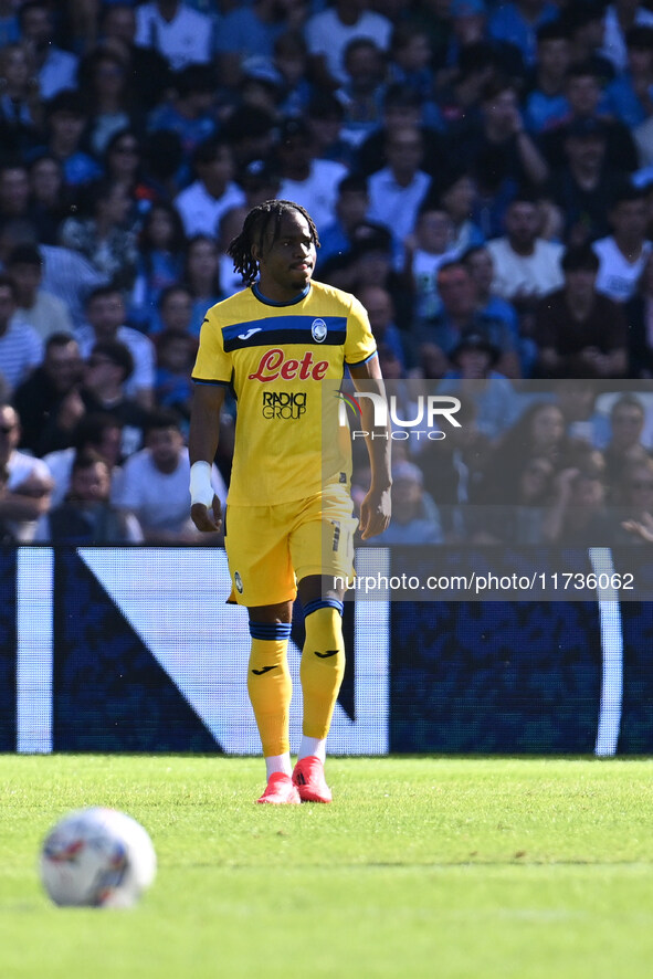 Ademola Lookman of Atalanta B.C. celebrates after scoring the goal of 0-1 during the 11th day of the Serie A Championship between S.S.C. Nap...