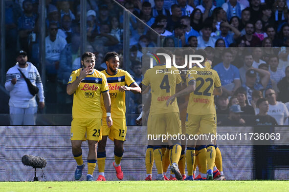 Ademola Lookman of Atalanta B.C. celebrates after scoring the goal of 0-1 during the 11th day of the Serie A Championship between S.S.C. Nap...