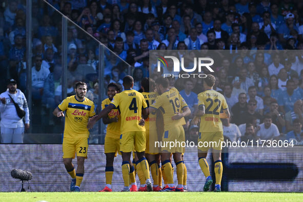 Ademola Lookman of Atalanta B.C. celebrates after scoring the goal of 0-1 during the 11th day of the Serie A Championship between S.S.C. Nap...