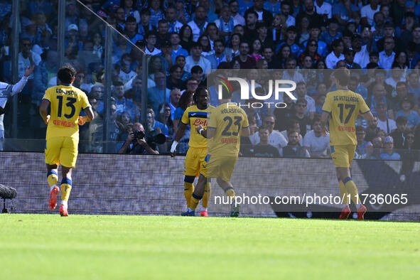 Ademola Lookman of Atalanta B.C. celebrates after scoring the goal of 0-1 during the 11th day of the Serie A Championship between S.S.C. Nap...