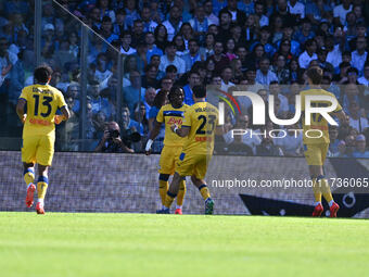 Ademola Lookman of Atalanta B.C. celebrates after scoring the goal of 0-1 during the 11th day of the Serie A Championship between S.S.C. Nap...