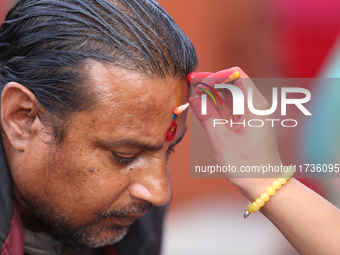 A Nepali Hindu receives a multi-colored tika on the forehead, marking the day of Bhaitika, the concluding day of Tihar, the five-day festiva...