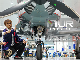 Workers assemble an aircraft at Qingdao Wanfeng Diamond Aircraft Manufacturing Co LTD in Laixi, China, on November 3, 2024. (