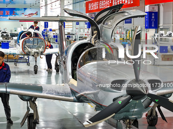 Workers assemble an aircraft at Qingdao Wanfeng Diamond Aircraft Manufacturing Co LTD in Laixi, China, on November 3, 2024. (