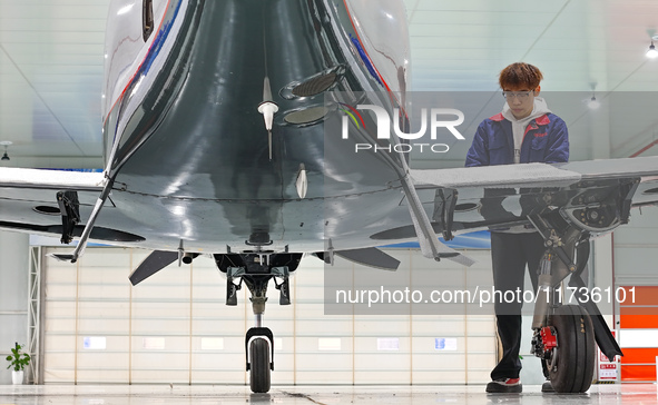 Workers assemble an aircraft at Qingdao Wanfeng Diamond Aircraft Manufacturing Co LTD in Laixi, China, on November 3, 2024. 