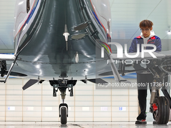 Workers assemble an aircraft at Qingdao Wanfeng Diamond Aircraft Manufacturing Co LTD in Laixi, China, on November 3, 2024. (