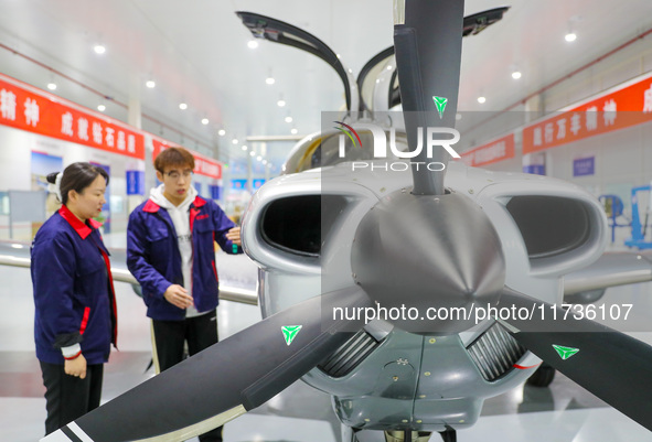 Workers assemble an aircraft at Qingdao Wanfeng Diamond Aircraft Manufacturing Co LTD in Laixi, China, on November 3, 2024. 